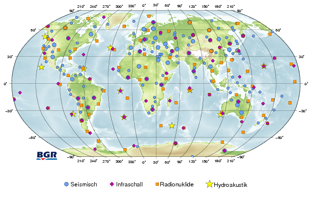 Die Topographische Weltkarte zeigt die Standorte aller 321 Messstationen des IMS