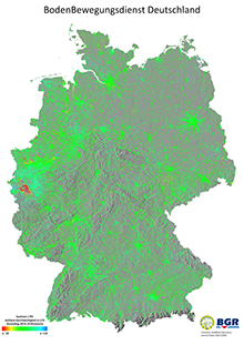 Abbildung 1: Die Abbildung zeigt eine bundesweite Karte der Oberflächendeformation basierend auf Copernicus Sentinel 1 Daten nach der Persistent Scatterer Interferometrie (PSI) Methodik prozessiert