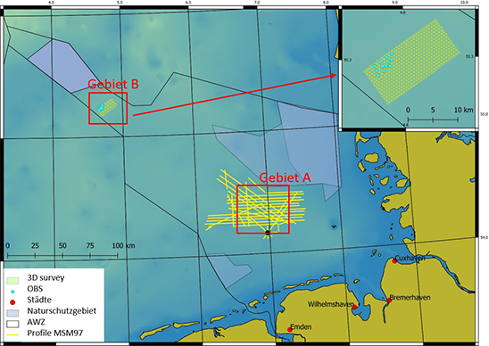 Karte der Nordsee mit der deutschen ausschließlichen Wirtschaftszone (AWZ) und den beiden Messgebieten der BGR-Ausfahrten GeoHifi und GeoBasis3D mit den zwei ausgewählten Modellgebieten und vorhandene Naturschutzgebiete