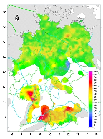 Karte mit der Verbreitung der tiefen Sedimentbecken (grau) in Deutschland und Darstellung der Tiefentemperaturen [°C] in 1000 m Tiefe (blau bis violett)